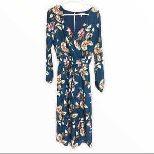 𝅺june and Hudson, Teal Floral LS Belted Jumpsuit, Medium